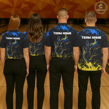Load image into Gallery viewer, Personalized Black, Blue &amp; Yellow Bowling Shirts For Men, Bowling Balls And Pins Bowling Team Shirts NQS11465