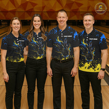 Load image into Gallery viewer, Personalized Black, Blue &amp; Yellow Bowling Shirts For Men, Bowling Balls And Pins Bowling Team Shirts NQS11465