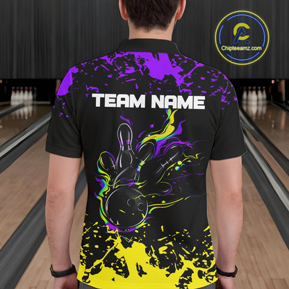 Personalized Black, Purple & Yellow Bowling Shirts For Men, Bowling Balls And Pins Bowling Team Shirt NQS11466