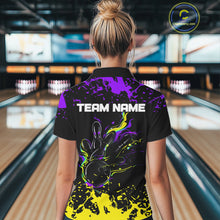 Load image into Gallery viewer, Personalized Black, Purple &amp; Yellow Bowling Shirts For Women, Bowling Balls &amp; Pins Bowling Team Shirt NQS11466