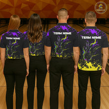 Load image into Gallery viewer, Personalized Black, Purple &amp; Yellow Bowling Shirts For Women, Bowling Balls &amp; Pins Bowling Team Shirt NQS11466