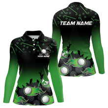 Load image into Gallery viewer, Black and Green Flame golf ball pattern Women golf polo shirts Customize team golf attire for women NQS9524