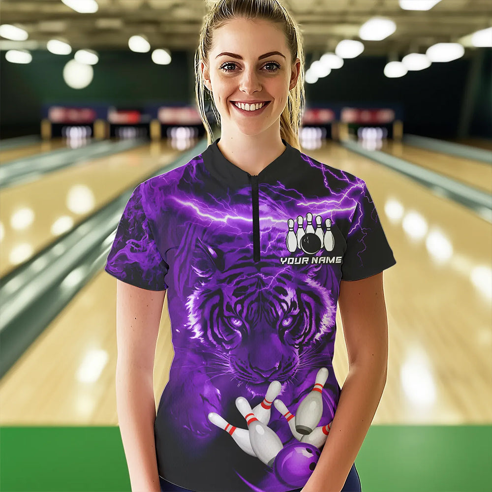 Personalized Purple Lightning Thunder Storm Tiger Bowling Shirts For Women Custom Bowling Team Jerseys NQS9684