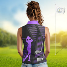 Load image into Gallery viewer, Black and purple Women Sleeveless polo shirt custom golf clubs team golf shirts, golf tops for ladies NQS10118