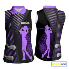 Load image into Gallery viewer, Black and purple Women Sleeveless polo shirt custom golf clubs team golf shirts, golf tops for ladies NQS10118