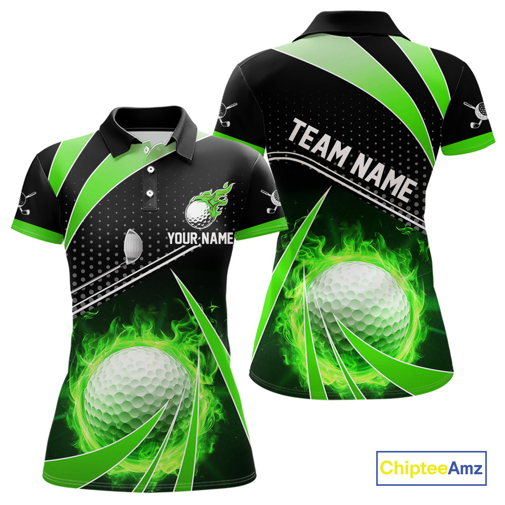 Black and Green Fire golf ball custom Women golf polo shirt, personalized ladies golf outfit for team NQS10123