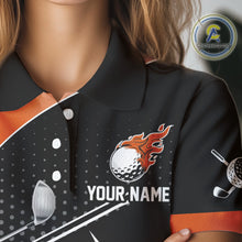 Load image into Gallery viewer, Black &amp; Orange Fire golf ball custom Women golf polo shirt, personalized ladies golf outfit for team NQS10124
