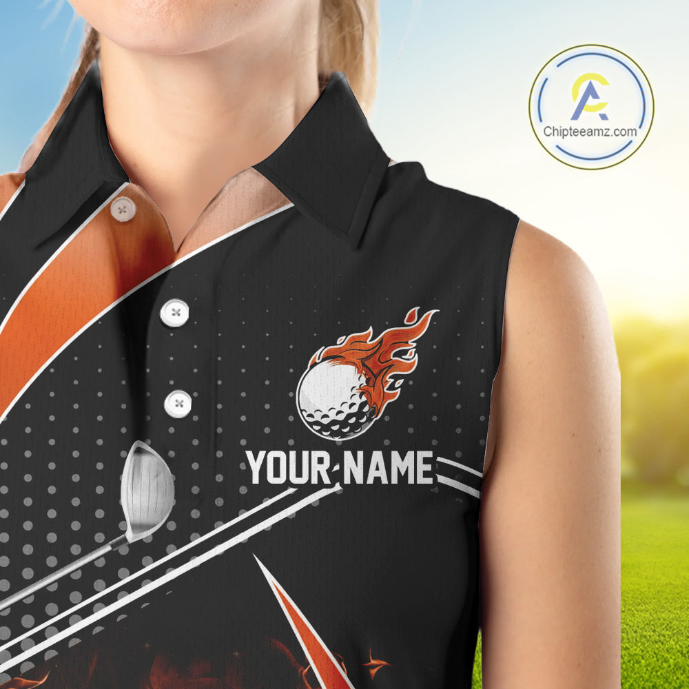 Black and Orange Fire golf ball custom Women sleeveless polo shirt, personalized golf outfit for team NQS10124