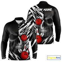 Load image into Gallery viewer, Black and White Skull Bowling Polo, Quarter Zip shirts for Men Custom Skull Team Bowling Jerseys NQS10261