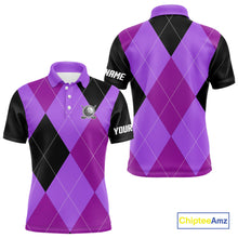 Load image into Gallery viewer, Mens golf polos shirts custom purple and black golf argyle plaid pattern, personalized golf gifts NQS10653