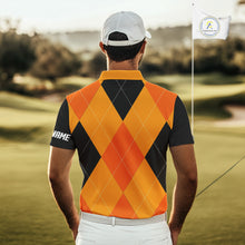 Load image into Gallery viewer, Mens golf polos shirts custom orange and black golf argyle plaid pattern Halloween golf gifts NQS10654