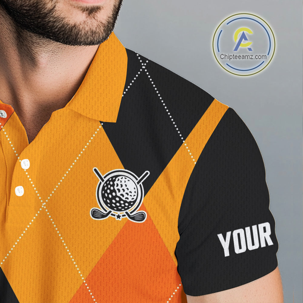 Mens golf polos shirts custom orange and black golf argyle plaid pattern Halloween golf gifts NQS10654