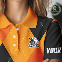 Load image into Gallery viewer, Womens golf polos shirts custom orange and black golf argyle plaid pattern Halloween golf gifts NQS10654