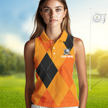 Load image into Gallery viewer, Women Sleeveless Polo Shirt custom orange and black golf argyle plaid pattern Halloween golf gifts NQS10654