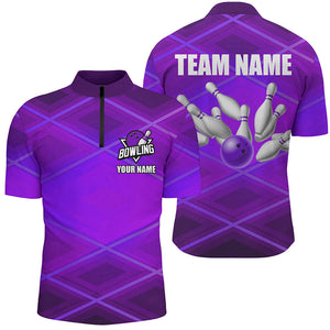 Mens bowling polo, 1/4 zip shirt Custom neon purple bowling team league jerseys, gifts for bowlers NQS8715