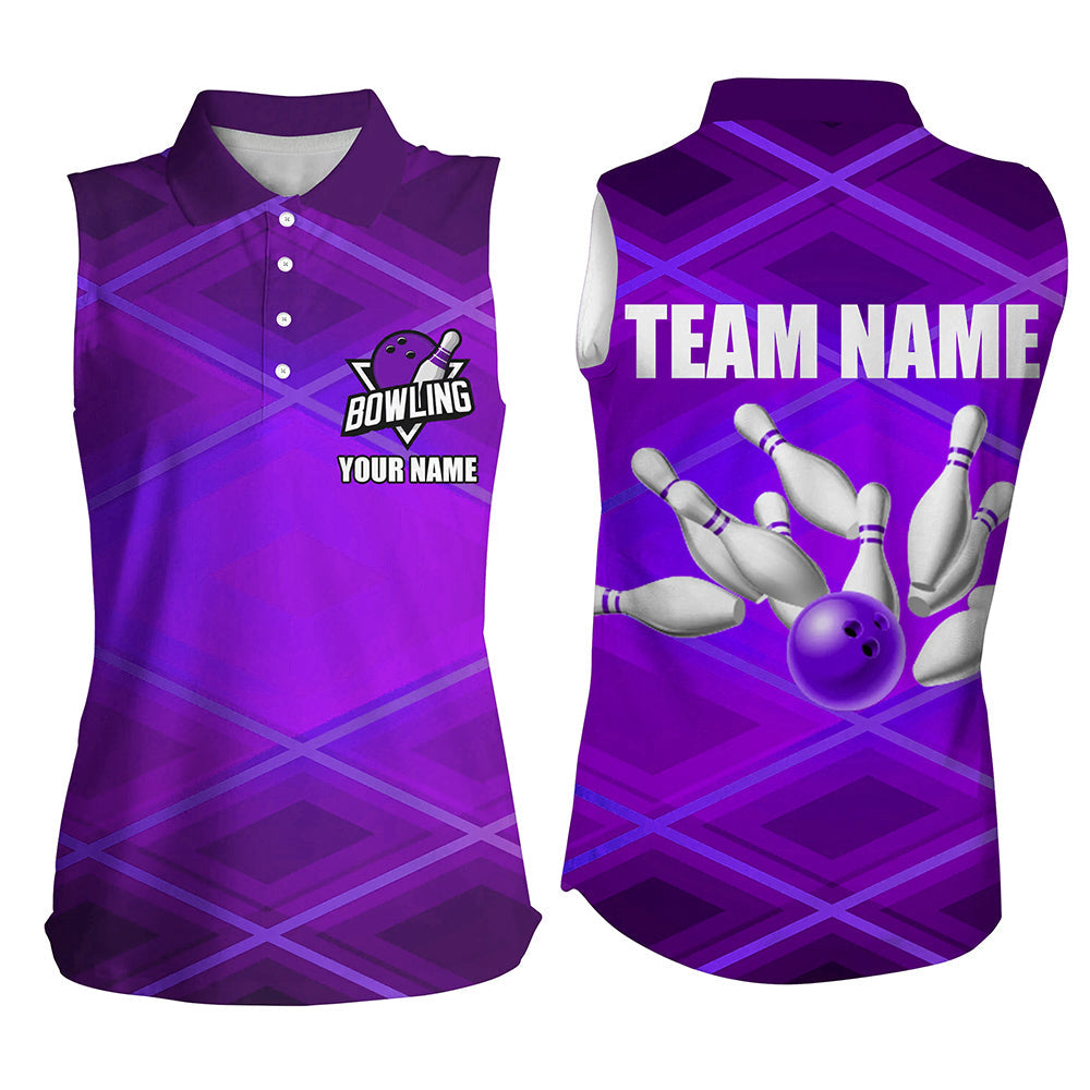 Women Sleeveless Polo Shirt Custom neon purple bowling team league jerseys, gifts for bowlers NQS8715