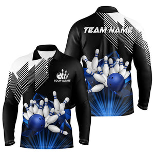 Black and White Mens Bowling Shirts Custom Bowling Team League Jerseys, Gifts For Bowlers | Blue NQS8720