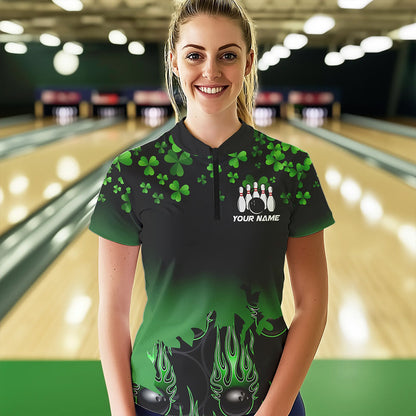 Green shamrock Flame bowling shirts for Women Custom St Patrick Day black team league bowling jerseys NQS9390