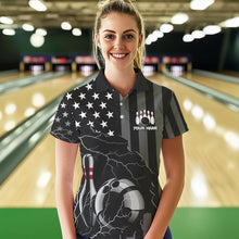 Load image into Gallery viewer, Personalized Black American flag Lightning thunder Custom Bowling Team Shirts For Women Bowling Jersey NQS9538