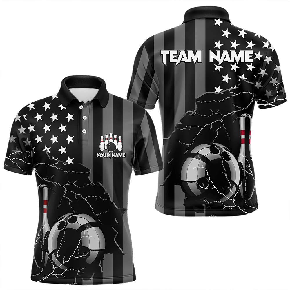 Personalized Black American flag Lightning thunder Custom Bowling Team Shirts For Mens Bowling Jersey NQS9538