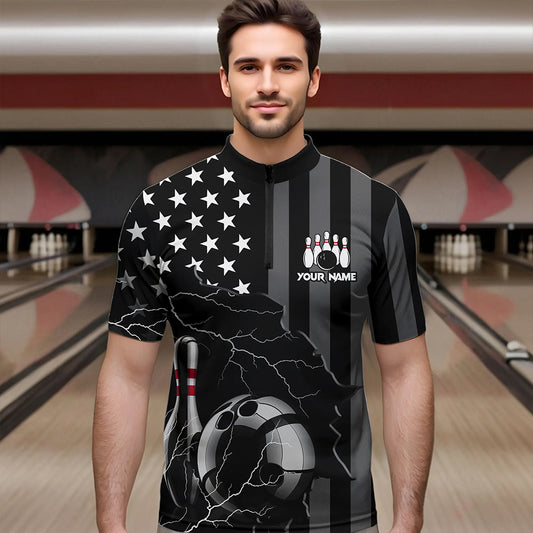 Personalized Black American flag Lightning thunder Custom Bowling Team Shirts For Mens Bowling Jersey NQS9538