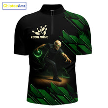 Load image into Gallery viewer, Black and Green Camo Skull Lightning Bowling Polo, 1/4 zip shirts for Men Custom Team bowling Jersey NQS11657