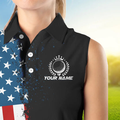 Black American Flag Women Sleeveless Polo Shirt Custom Golf attire for ladies, patriotic golf gifts NQS9696
