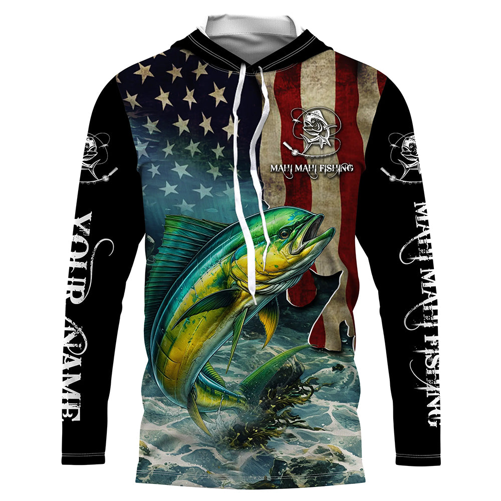 Mahi Mahi ( Dorado) Fishing 3D American Flag Patriotic Customize name All over print fishing shirts NQS468