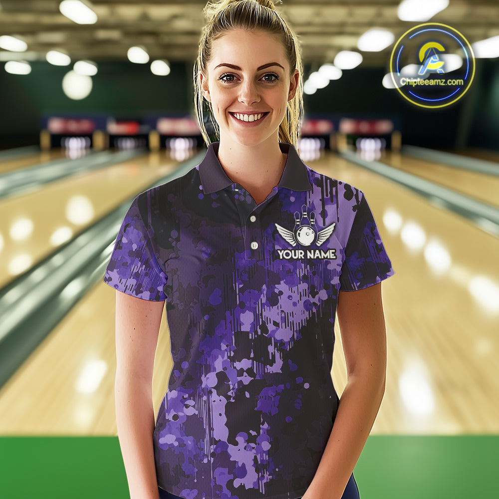 Purple Camo Bowling Polo, Quarter Zip Shirts For Women Custom Bowling Team Jerseys, Gift For Bowlers NQS10455