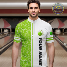 Load image into Gallery viewer, Men Bowling Polo, 1/4 Zip Shirt Custom white &amp; green camo vintage bowling shirts, mens bowling jersey NQS10457