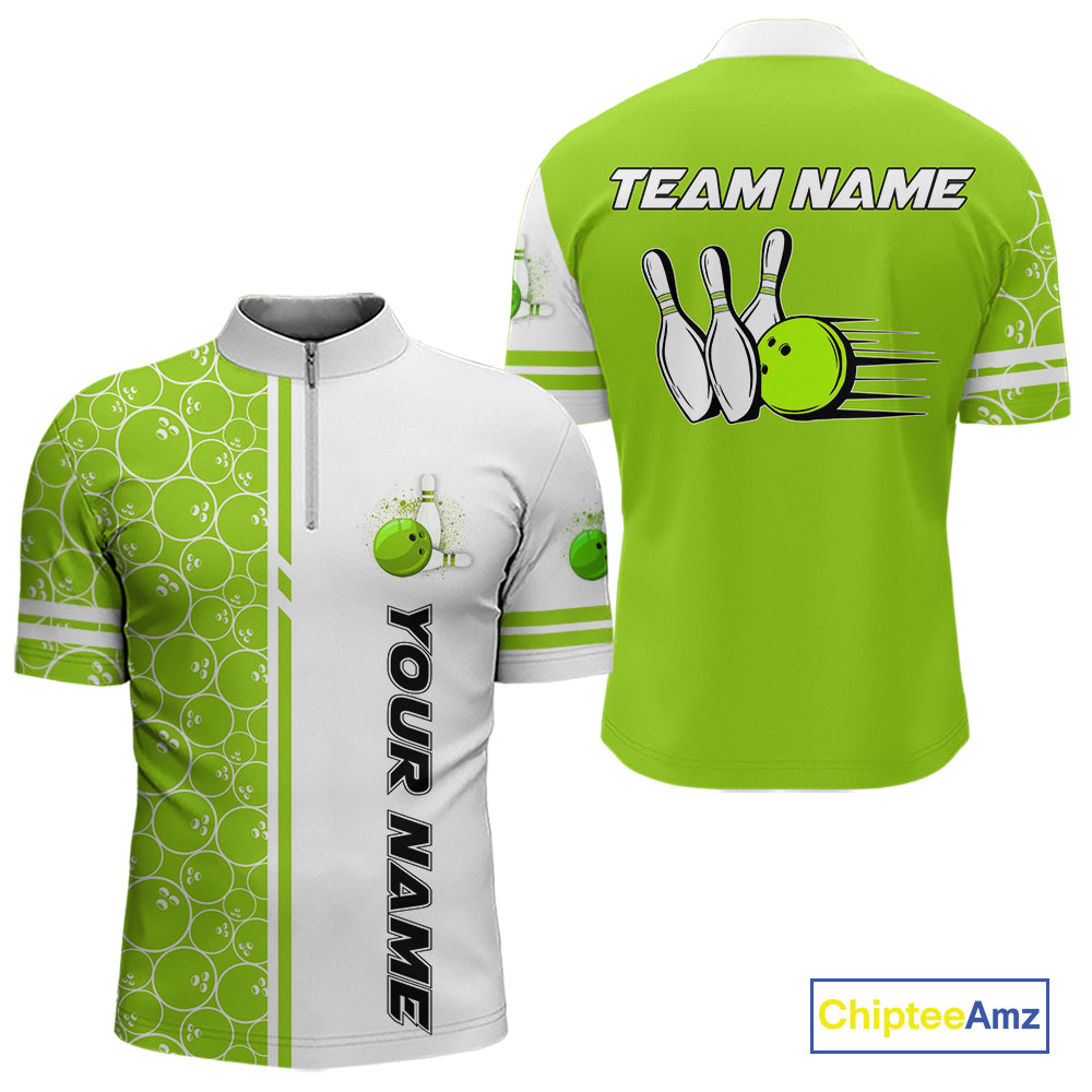 Men Bowling Polo, 1/4 Zip Shirt Custom white & green camo vintage bowling shirts, mens bowling jersey NQS10457