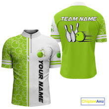 Load image into Gallery viewer, Men Bowling Polo, 1/4 Zip Shirt Custom white &amp; green camo vintage bowling shirts, mens bowling jersey NQS10457