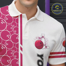 Load image into Gallery viewer, Men Bowling Polo, 1/4 Zip Shirt Custom white &amp; pink camo vintage bowling shirts, mens bowling jersey NQS10458
