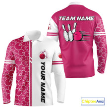 Load image into Gallery viewer, Men Bowling Polo, 1/4 Zip Shirt Custom white &amp; pink camo vintage bowling shirts, mens bowling jersey NQS10458