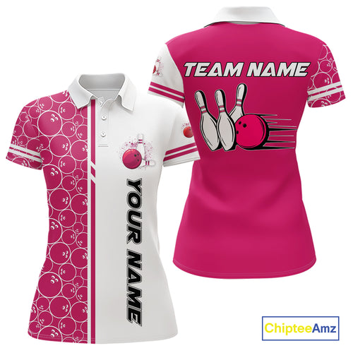 Women Bowling Polo, 1/4 Zip Shirt Custom retro white and pink camo vintage ladies bowling jerseys NQS10458