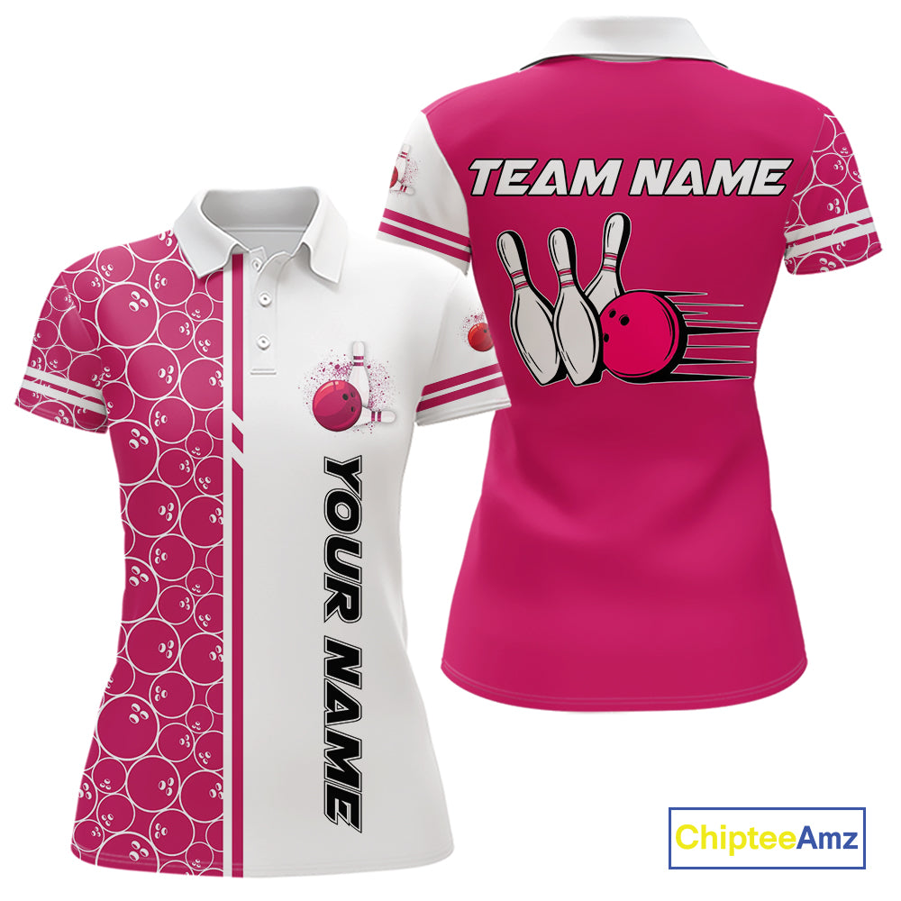 Women Bowling Polo, 1/4 Zip Shirt Custom retro white and pink camo vintage ladies bowling jerseys NQS10458