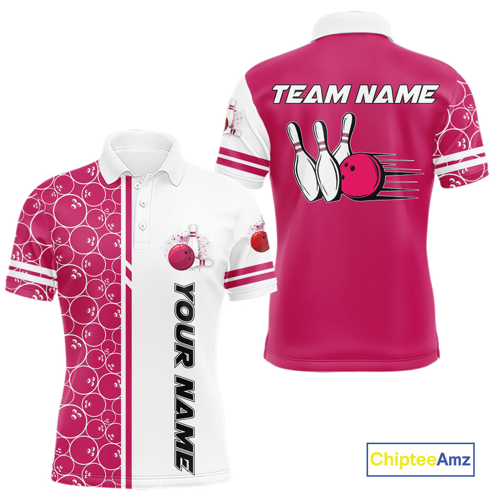 Men Bowling Polo, 1/4 Zip Shirt Custom white & pink camo vintage bowling shirts, mens bowling jersey NQS10458