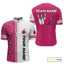 Load image into Gallery viewer, Men Bowling Polo, 1/4 Zip Shirt Custom white &amp; pink camo vintage bowling shirts, mens bowling jersey NQS10458