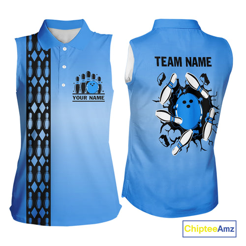 Personalized Black and Blue Retro Bowling Sleeveless Polo Team Shirts For Women Custom Bowling Gift NQS10459
