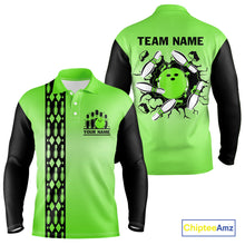 Load image into Gallery viewer, Personalized Black and Green Retro Bowling Polo, Quarter Zip Team Shirts For Men Custom Bowling Gifts NQS10460