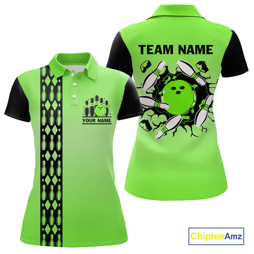 Personalized Black and Green Retro Bowling Polo, Quarter Zip Team Shirt For Women Custom Bowling Gift NQS10460