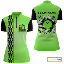 Load image into Gallery viewer, Personalized Black and Green Retro Bowling Polo, Quarter Zip Team Shirt For Women Custom Bowling Gift NQS10460