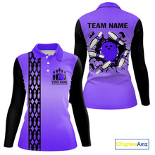Load image into Gallery viewer, Personalized Black &amp; Purple Retro Bowling Polo, Quarter Zip Team Shirt For Women Custom Bowling Gift NQS10461