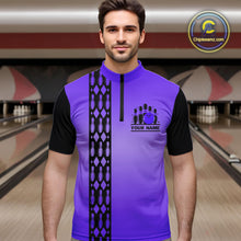 Load image into Gallery viewer, Personalized Black and Purple Retro Bowling Polo, Quarter Zip Team Shirt For Men Custom Bowling Gifts NQS10461