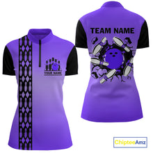 Load image into Gallery viewer, Personalized Black &amp; Purple Retro Bowling Polo, Quarter Zip Team Shirt For Women Custom Bowling Gift NQS10461