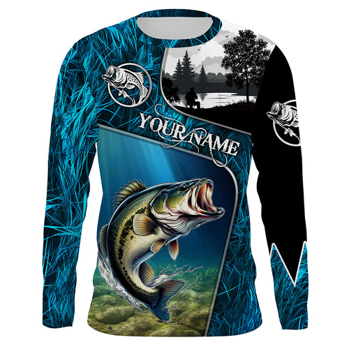 Bass fishing Blue camo UV protection Customize name long sleeves personalized gift for Adult, kid NQS853