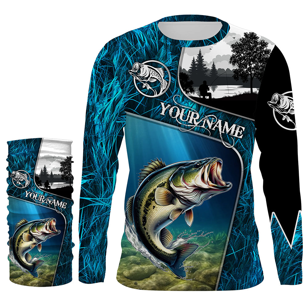 Bass fishing Blue camo UV protection Customize name long sleeves personalized gift for Adult, kid NQS853