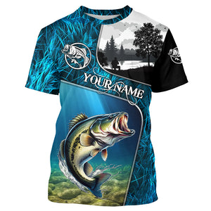 Bass fishing Blue camo UV protection Customize name long sleeves personalized gift for Adult, kid NQS853