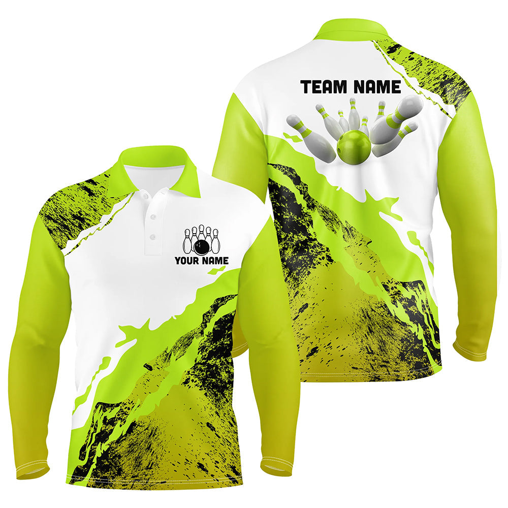 Green grunge Mens Bowling shirts Custom Bowling ball and pins Team league Jerseys, gifts for bowlers NQS8945