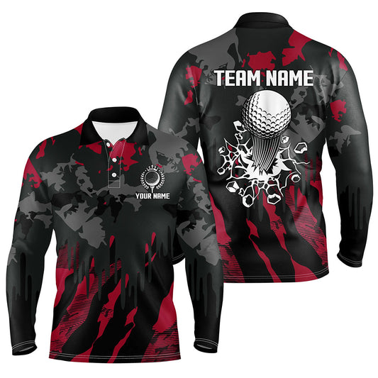 Black and Red Camo pattern Mens Golf Polo Shirts custom mens golf tops, cool golf gifts NQS9185